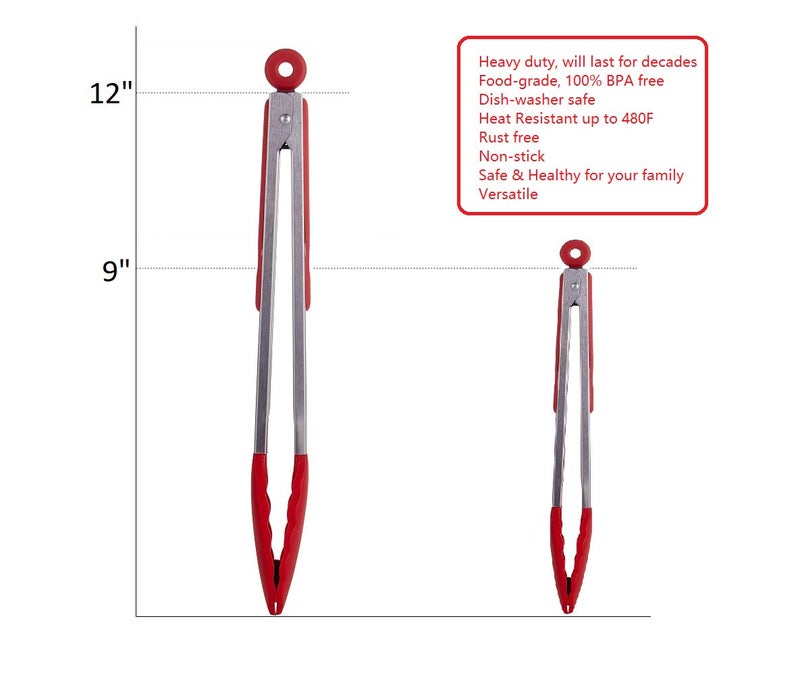 HiramWare Kitchen Tongs Set of 2 - 9 inch & 12 inch - Stainless Steel Food Tongs with Silicone Tips - Premium Locking Non-stick Tongs for Cooking  BBQ  Grilling  Salad - Heavy Duty  BPA Free(Red) - Image 4